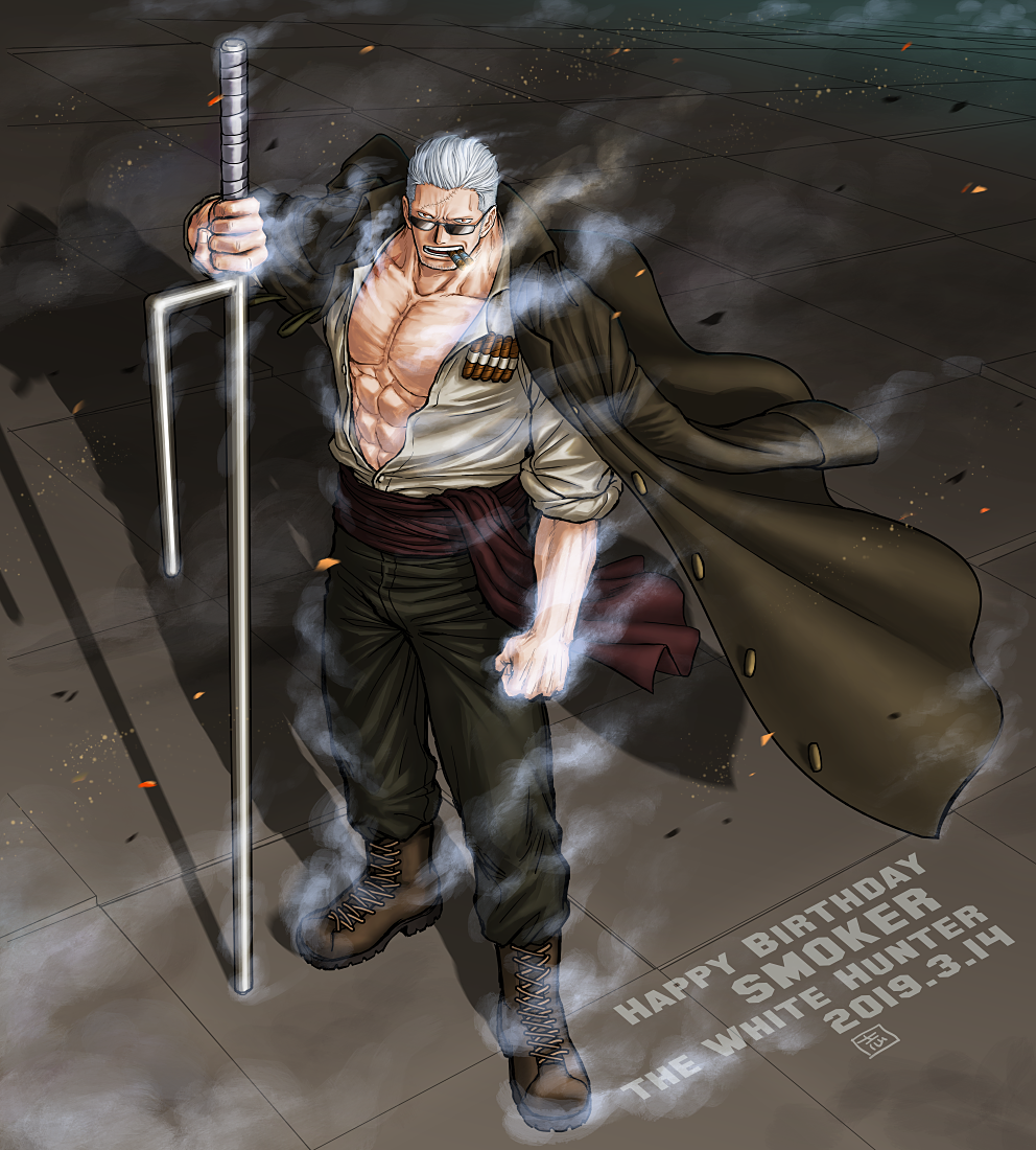1boy abs bara beard boots brown_eyes chest cigar collarbone facial_hair from_above full_body glasses holding holding_weapon jacket jacket_on_shoulders jacket_over_shoulder kokorozashi looking_at_viewer male_focus muscle one_piece open_clothes open_mouth open_shirt pants pectorals planted_weapon scar sleeves_rolled_up smoke smoker_(one_piece) smoking solo sunglasses teeth weapon white_hair