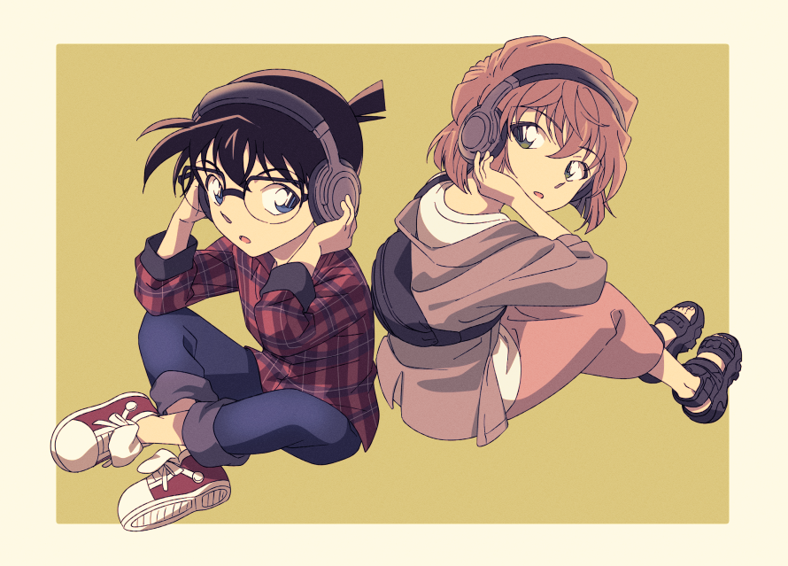 1boy 1girl :o adjusting_headwear bag bangs black_hair blue_eyes brown_hair child edogawa_conan glasses haibara_ai head_tilt headphones headset holding holding_bag hood hood_down hoodie i_fzc1 long_sleeves looking_at_viewer meitantei_conan open_mouth orange_hair pants pants_rolled_up shirt shoes short_hair sleeves_rolled_up white_shirt