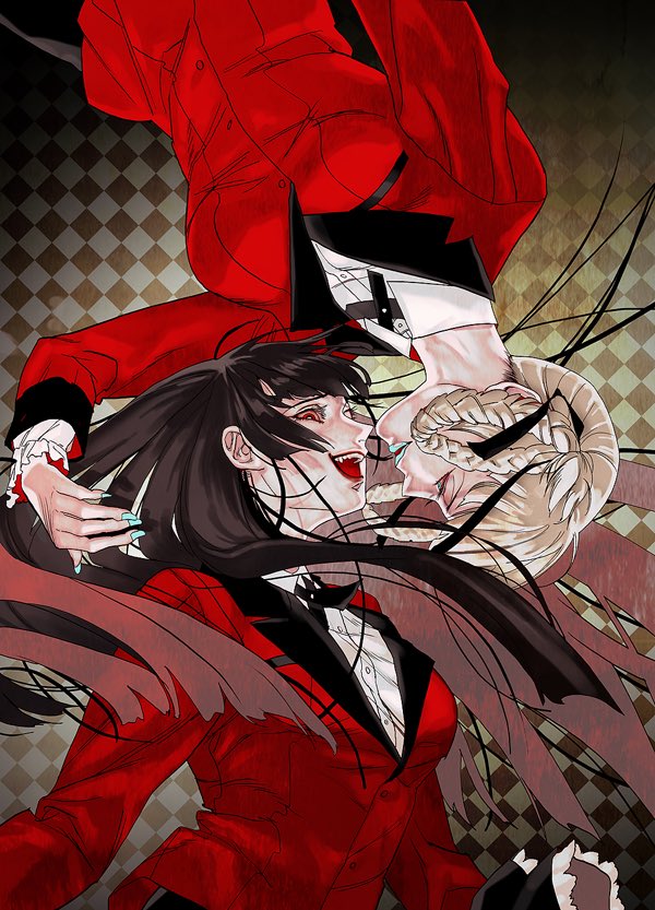 2girls aqua_lipstick aqua_nails bangs black_hair blue_eyes bolo_tie collar hair_ribbon hair_rings jabami_yumeko kakegurui lipstick long_hair looking_at_another makeup momobami_kirari multiple_girls open_mouth qt1_jo red_eyes red_jumpsuit ribbon school_uniform sharp_teeth shirt teeth upside-down white_collar white_shirt