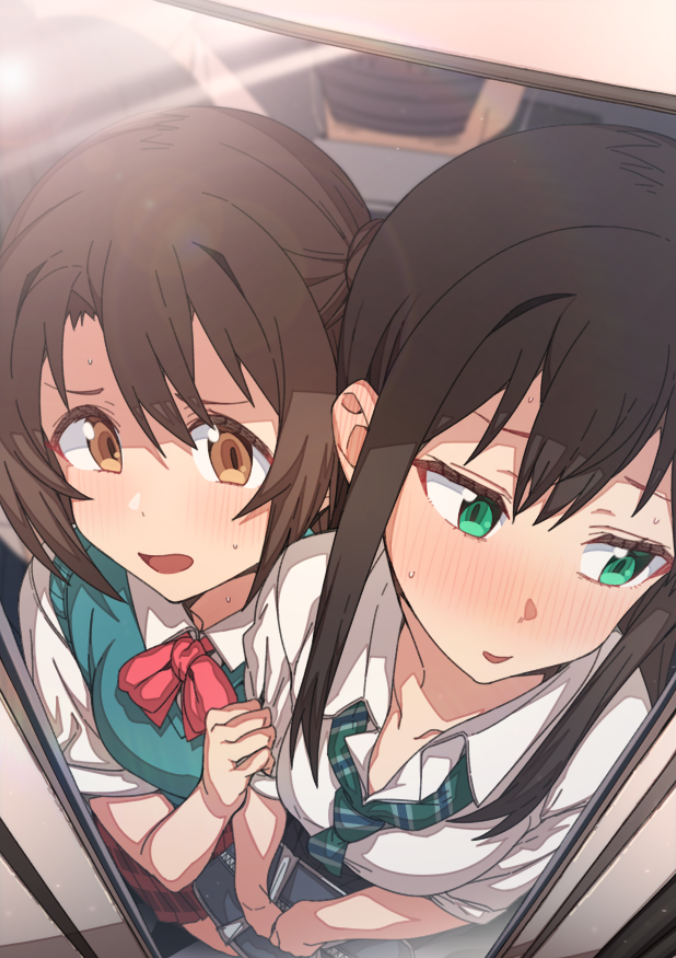 2girls against_glass bag black_hair blush brown_eyes brown_hair collared_shirt commentary_request erere from_above green_eyes green_neckwear holding holding_bag idolmaster idolmaster_cinderella_girls looking_to_the_side multiple_girls necktie nose_blush one_side_up open_mouth pleated_skirt red_neckwear red_skirt school_bag school_uniform shibuya_rin shimamura_uzuki shirt short_sleeves sidelocks skirt sleeve_tug standing sweater_vest tareme train_interior white_shirt