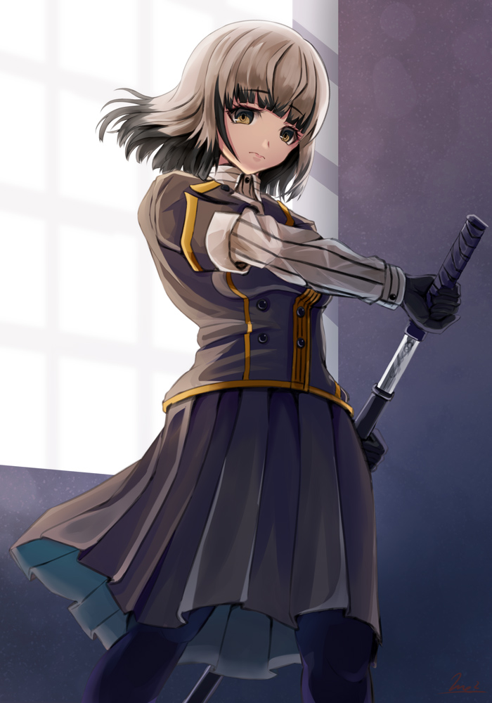 1girl bangs black_gloves black_hair black_jacket black_legwear black_skirt brown_eyes brown_hair closed_mouth collared_shirt commentary_request eyebrows_visible_through_hair gloves holding holding_sword holding_weapon indoors jacket katana long_sleeves multicolored_hair pantyhose pleated_skirt satsuki_yomi sheath shirt short_over_long_sleeves short_sleeves signature skirt solo standing striped sword toji_no_miko two-tone_hair unsheathing weapon window yumibakama_meme