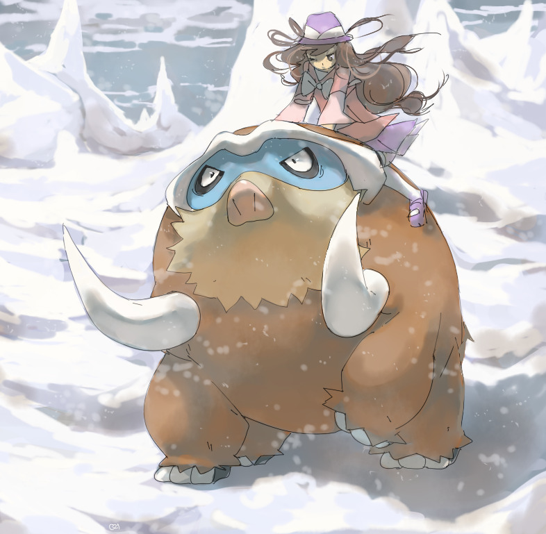 1girl brown_hair commentary english_commentary gen_4_pokemon grey_eyes hat long_hair low-tied_long_hair mamoswine miniskirt one_eye_closed outdoors pinkgermy pokemon pokemon_(game) pokemon_xy ribbon riding riding_pokemon serena_(pokemon) shoes skirt sky snow snowing standing standing_on_three_legs walking