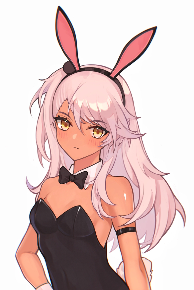 1girl animal_ears armband bangs bare_shoulders black_leotard blush bow bowtie breasts bunnysuit chloe_von_einzbern dark_skin detached_collar fate/kaleid_liner_prisma_illya fate_(series) hairband leotard long_hair looking_at_viewer one_side_up pink_hair rabbit_ears shiny shiny_hair simple_background small_breasts solo strapless strapless_leotard tutou_jiang white_background wrist_cuffs yellow_eyes