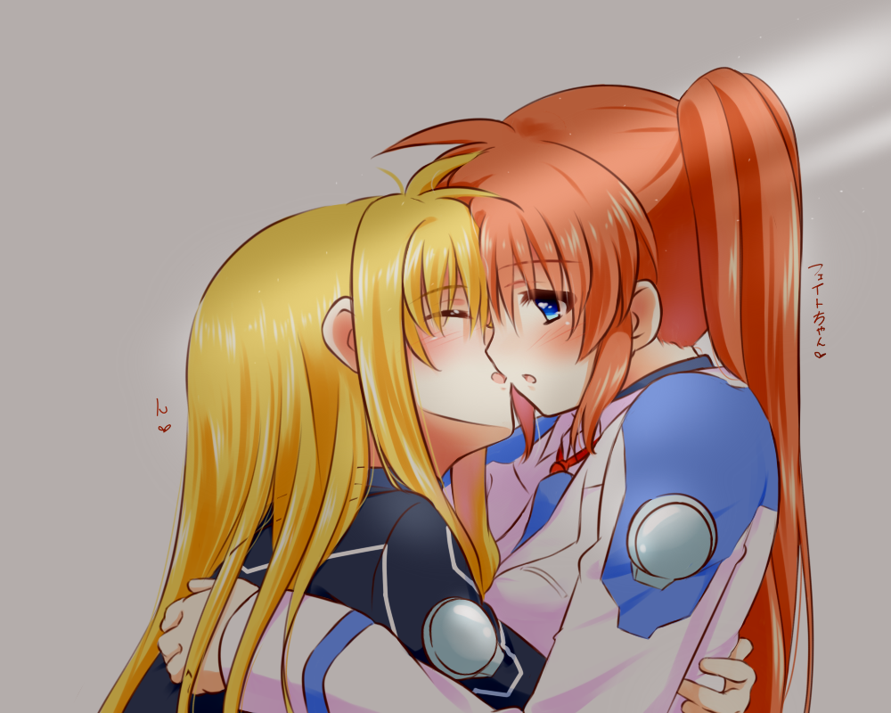 2girls blonde_hair blue_eyes blush closed_eyes couple fate_testarossa hand_on_another's_back hug imminent_kiss kerorokjy long_hair looking_at_another lyrical_nanoha mahou_shoujo_lyrical_nanoha mahou_shoujo_lyrical_nanoha_strikers military military_uniform multiple_girls orange_hair side_ponytail simple_background takamachi_nanoha translation_request uniform very_long_hair white_background yuri