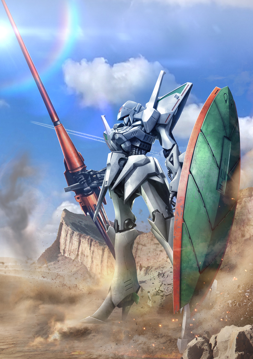 engage_sr3 five_star_stories from_side gun high_heels highres hiropon_(tasogare_no_puu) holding holding_gun holding_weapon looking_ahead mecha mortar_headd no_humans photo_background red_eyes shield solo weapon