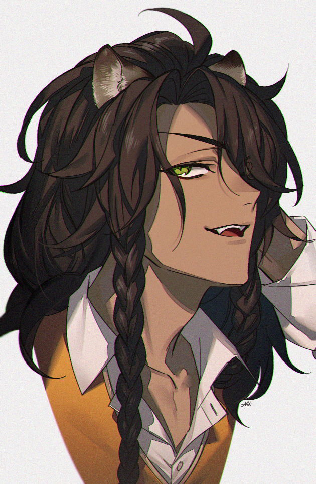 1boy animal_ears bangs braid brown_hair collared_shirt dark_skin dark_skinned_male fangs green_eyes grey_background hair_over_one_eye hand_on_own_head hand_up leona_kingscholar lion_ears long_hair long_sleeves looking_at_viewer maka_(mksrw) male_focus sanpaku shirt side_braid simple_background smile smirk solo twin_braids twisted_wonderland white_shirt