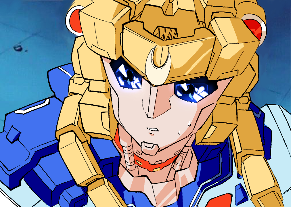 1girl bishoujo_senshi_sailor_moon blonde_hair blue_background blue_eyes choker copyright_request derivative_work hooves_regius mecha mechanization parody_request red_choker sailor_moon sailor_moon_redraw_challenge school_uniform screencap_redraw serafuku solo sweatdrop tsukino_usagi upper_body