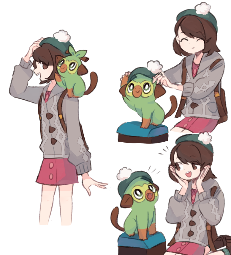 1girl :d ^_^ black_eyes brown_eyes brown_hair cardigan charamells closed_eyes commentary creature english_commentary flat_chest gen_8_pokemon green_headwear grookey monkey on_shoulder open_mouth pokemon pokemon_(creature) pokemon_(game) pokemon_on_shoulder pokemon_swsh short_hair smile starter_pokemon yuuri_(pokemon)