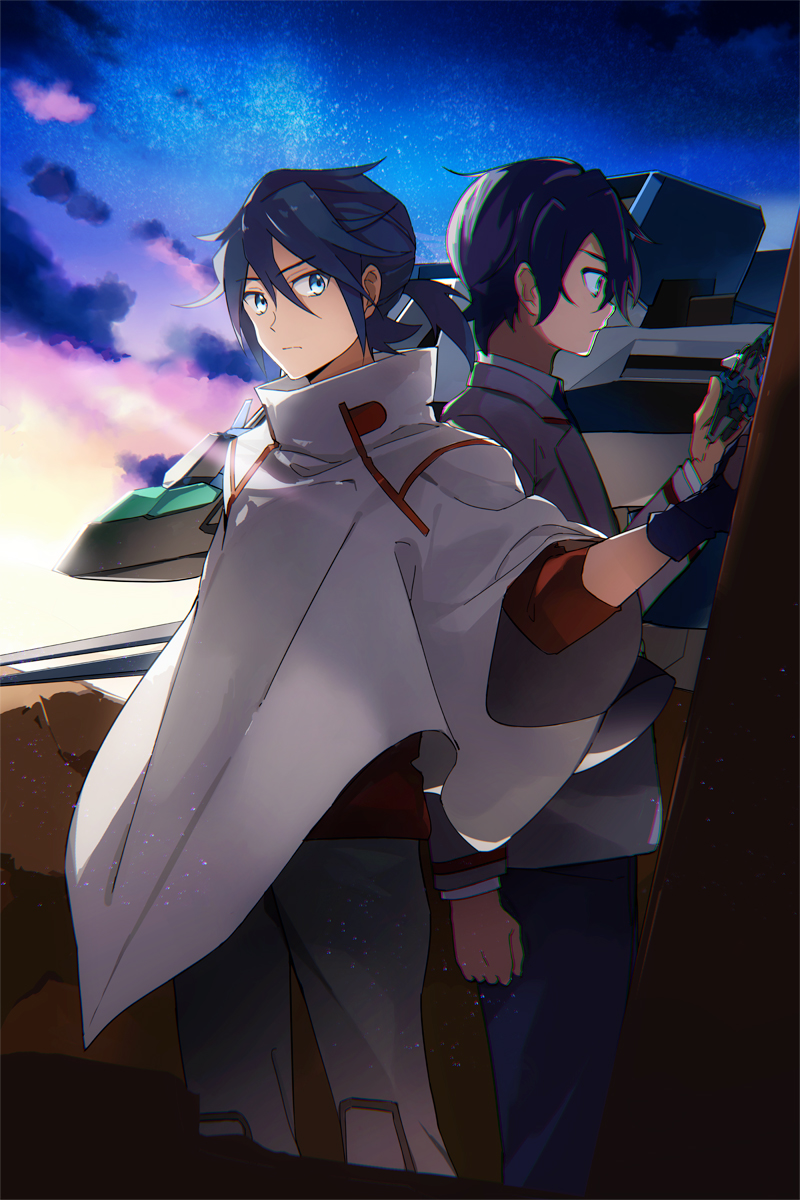 aircraft airplane back-to-back black_hair blue_eyes clenched_hand cloak fighter_jet gundam gundam_build_divers gundam_build_divers_re:rise gunpla highres jet kuga_hiroto military military_vehicle multiple_views school_uniform short_hair takerusilt tied_hair