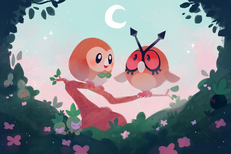 bird black_eyes budew closed_eyes commentary creature crescent_moon english_commentary flower gen_1_pokemon gen_2_pokemon gen_4_pokemon gen_5_pokemon gen_7_pokemon hoothoot looking_at_another moon no_humans oddish outdoors petilil pokemon pokemon_(creature) red_eyes rowlet sky