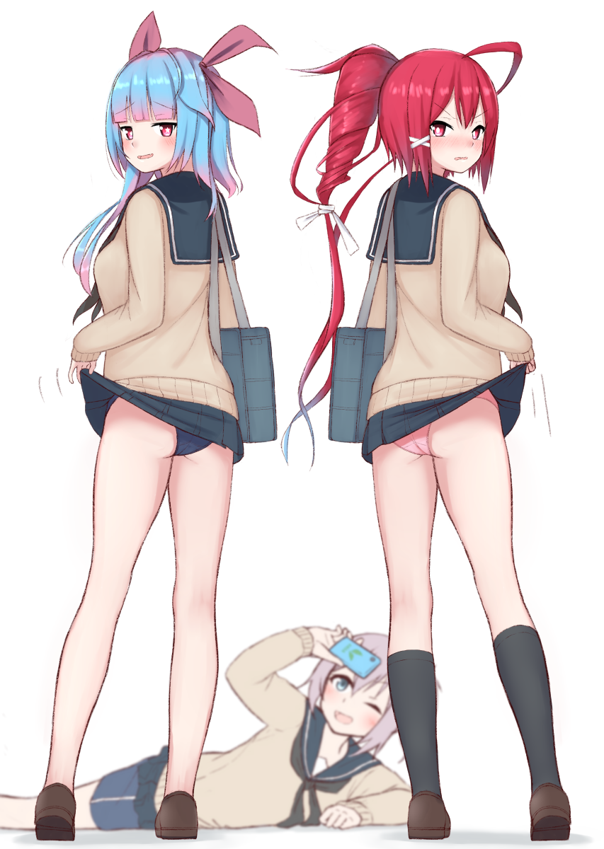 3girls alternate_costume aoba_(kantai_collection) ass bag bangs bare_legs black_legwear blue_hair blue_sailor_collar blue_skirt blurry blurry_background blush breasts brown_footwear cardigan cellphone commentary_request eyebrows_visible_through_hair fang from_behind full_body hair_ribbon highres i-168_(kantai_collection) i-19_(kantai_collection) kantai_collection kneehighs lifted_by_self long_hair long_sleeves looking_at_viewer looking_back multiple_girls one_eye_closed open_mouth panties phone pink_hair pink_panties ponytail red_eyes redhead ribbon sailor_collar school_bag school_swimsuit school_uniform serafuku shoes shoulder_bag simple_background skirt skirt_lift smile standing star star-shaped_pupils sweater swimsuit swimsuit_under_clothes symbol-shaped_pupils taking_picture tiemu_(man190) underwear white_background