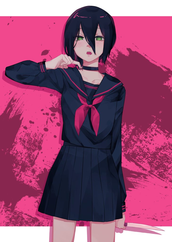 1girl alternate_costume arm_at_side arm_up bare_legs black_choker black_hair black_miniskirt black_shirt black_skirt blood blood_splatter blush bow breasts chainsaw_man choker fujipo_che green_eyes hair_between_eyes holding holding_knife knife long_sleeves looking_at_viewer medium_breasts medium_hair miniskirt open_mouth pink_background pink_bow reze_(chainsaw_man) school_uniform shirt short_hair simple_background skirt small_breasts solo