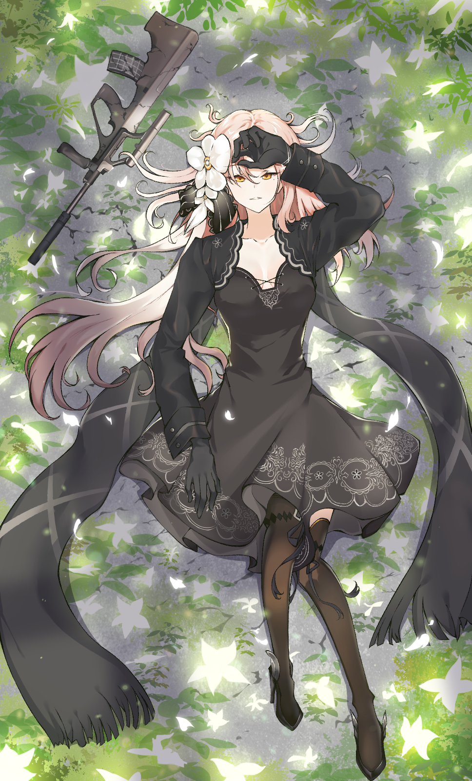 1girl assault_rifle aug_(girls_frontline) black_dress black_footwear black_gloves black_legwear blonde_hair boots breasts bullpup collarbone dndeh317 dress flower girls_frontline gloves gun hair_flower hair_ornament hand_on_headwear highres long_hair looking_at_viewer rifle shoes small_breasts smile solo steyr_aug thigh-highs thigh_boots weapon yellow_eyes