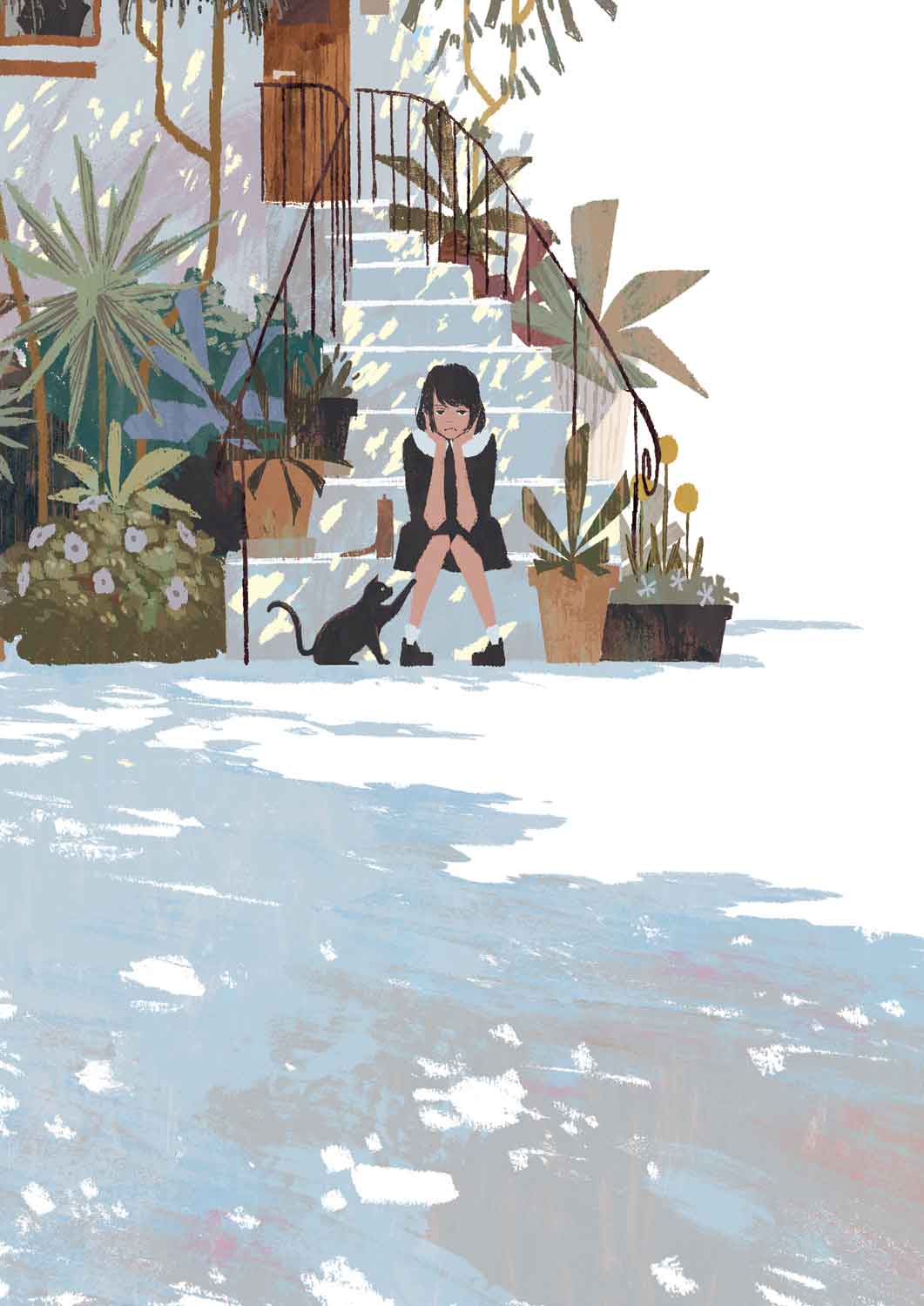 1girl black_cat black_dress cat dress hands_on_own_cheeks hands_on_own_face highres jitome joze knees_together_feet_apart original outdoors plant potted_plant short_hair sitting sitting_on_stairs socks stairs tree_shade white_legwear