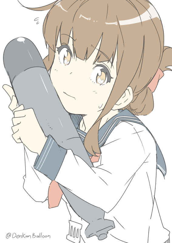 1girl bangs blue_sailor_collar brown_eyes brown_hair closed_mouth eyebrows_visible_through_hair flying_sweatdrops folded_ponytail holding holding_torpedo inazuma_(kantai_collection) kantai_collection long_sleeves ninimo_nimo ponytail red_neckwear sailor_collar school_uniform serafuku simple_background solo sweat torpedo twitter_username upper_body white_background