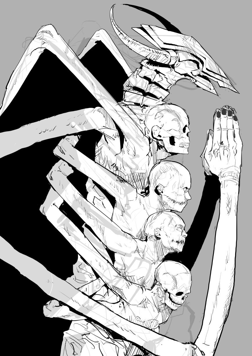 chainsaw_man darkness_devil extra_arms grey_background greyscale hands_clasped hands_together highres horns long_arms looking_to_the_side monochrome monster multiple_heads no_eyes oosawara_sadao own_hands_together simple_background skeleton skull stitched_mouth stitches white_horns