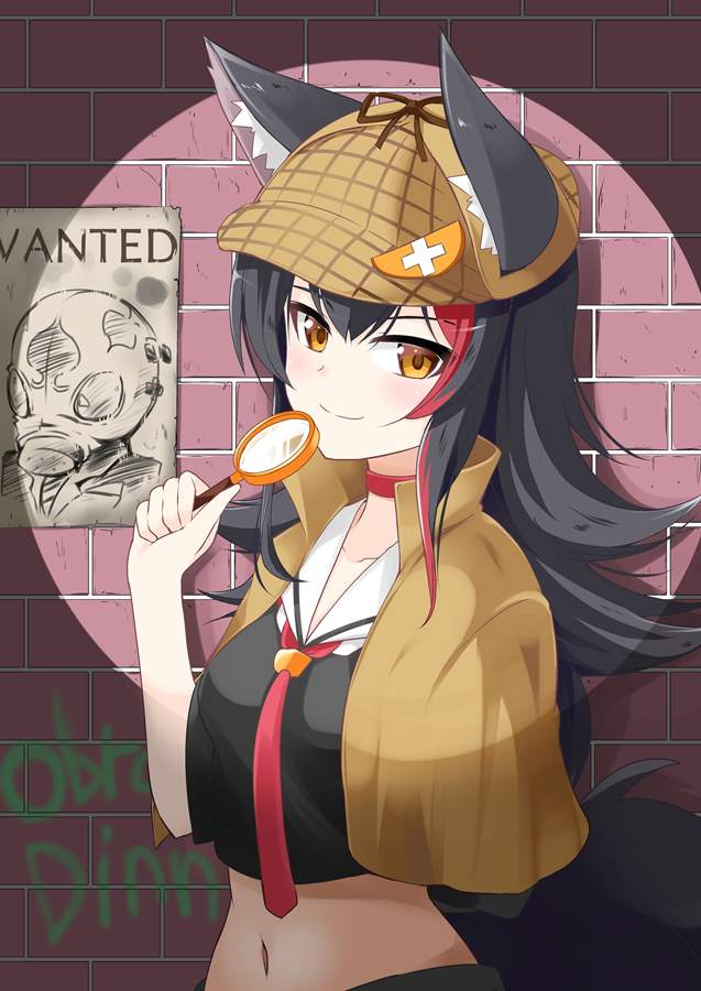 1girl animal_ear_fluff animal_ears bangs black_hair brick_wall choker closed_mouth collarbone commentary_request crop_top deerstalker hat hololive ichimi long_hair looking_at_viewer magnifying_glass midriff multicolored_hair navel necktie ookami_mio red_choker red_neckwear redhead return_of_the_obra_dinn sailor_collar short_sleeves sidelocks smile solo spotlight standing streaked_hair upper_body virtual_youtuber white_sailor_collar wolf_ears yellow_eyes