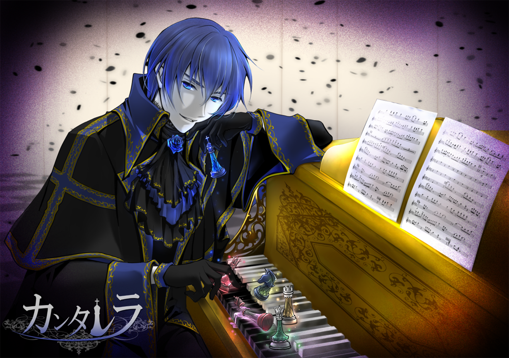 1boy arm_rest bangs bishop_(chess) black_gloves blue_eyes blue_flower blue_hair blue_rose cantarella_(vocaloid) capelet chess_piece cravat flower frills gloves holding instrument itto_maru kaito king_(chess) knight_(chess) long_sleeves looking_at_viewer male_focus pale_skin petals piano project_diva_(series) queen_(chess) rook_(chess) rosa_blue_(module) rose sheet_music sitting sleeve_cuffs smirk solo staff_(music) vocaloid