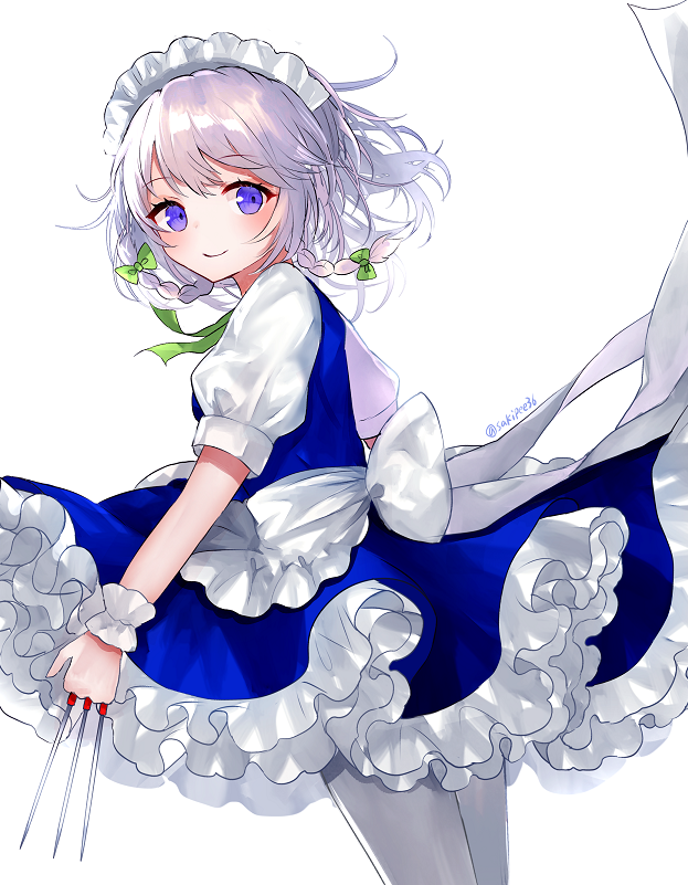 1girl apron between_fingers blue_eyes blue_skirt blue_vest blush braid commentary cropped_legs floating_hair frilled_skirt frills from_side green_ribbon hair_ribbon izayoi_sakuya knife leaning_forward looking_at_viewer maid_headdress pantyhose petticoat puffy_short_sleeves puffy_sleeves ribbon sakipsakip shiny shiny_hair shirt short_hair short_sleeves silver_hair simple_background skirt smile solo standing touhou tress_ribbon twin_braids twitter_username vest waist_apron white_background white_legwear white_shirt wrist_cuffs