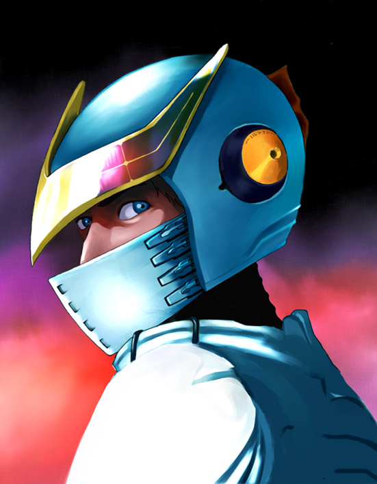 1boy android blue_eyes bodysuit casshan_robot_hunter casshern commentary helmet looking_at_viewer male_focus mask solo takemaru08 white_bodysuit