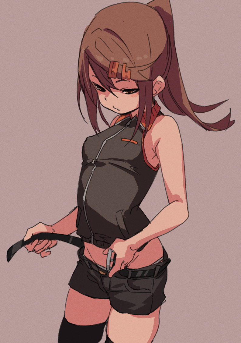 belt belt_buckle brown_eyes brown_hair buckle fu-ta hair_ornament hairclip original ponytail shorts thigh-highs usami_taiga