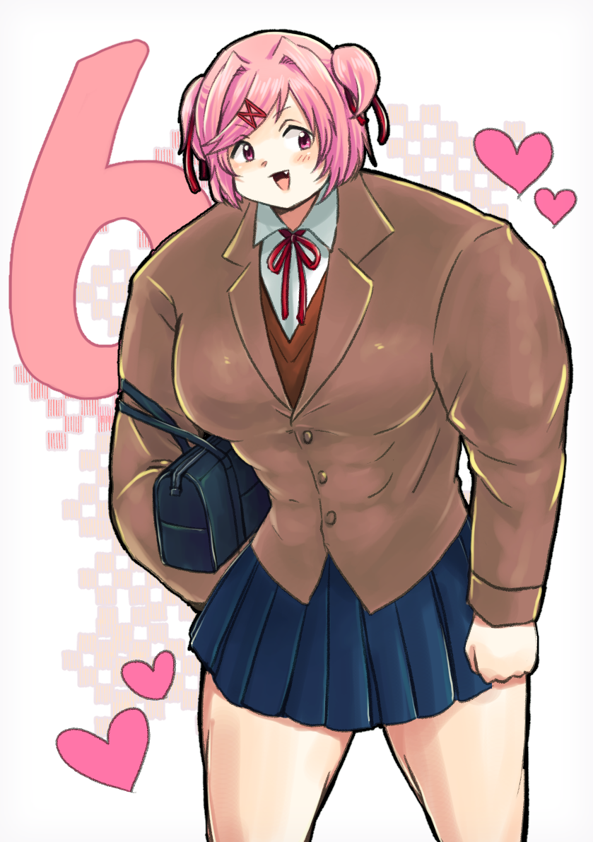 1girl :d bag bangs blue_skirt brown_jacket buffsuki cappuccino1 doki_doki_literature_club fang hair_ornament hair_ribbon hairclip heart jacket meme muscle muscular_female natsuki_(doki_doki_literature_club) open_mouth pink_eyes pink_hair pleated_skirt red_ribbon ribbon school_bag school_uniform short_hair simple_background skirt smile solo swept_bangs two_side_up wing_collar