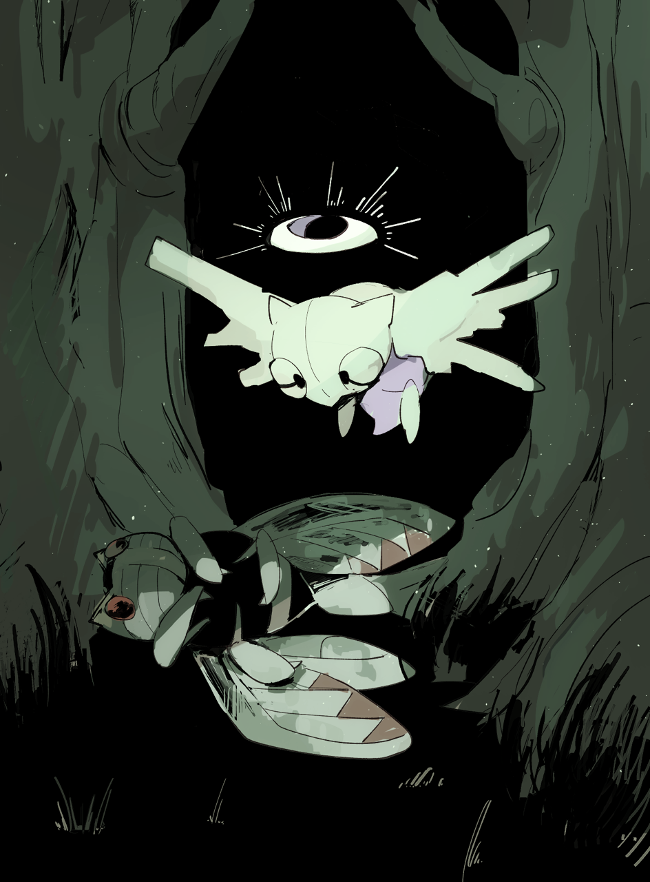 creature dark flying full_body gen_3_pokemon grass highres ninjask no_humans pokemon pokemon_(creature) shedinja staurolith tree