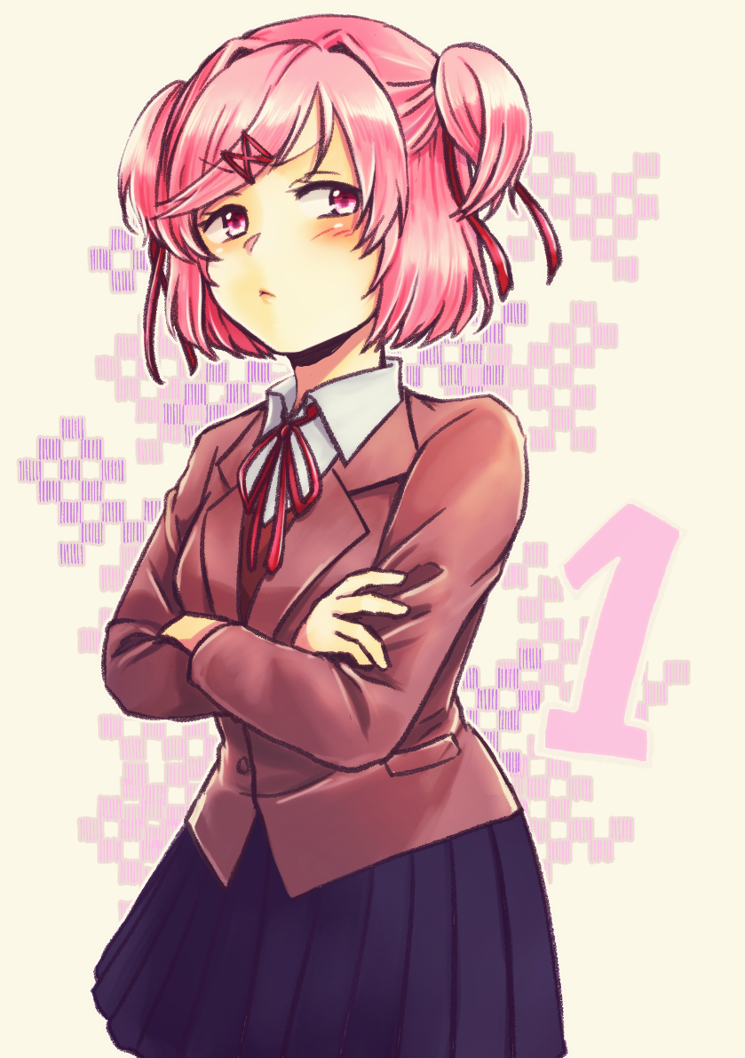 1girl :&lt; bangs blue_skirt blush brown_jacket cappuccino1 commentary_request crossed_arms doki_doki_literature_club eyebrows_visible_through_hair hair_ornament hair_ribbon hairclip jacket long_sleeves looking_at_viewer natsuki_(doki_doki_literature_club) pink_eyes pink_hair pleated_skirt red_ribbon ribbon school_uniform short_hair simple_background skirt solo swept_bangs two_side_up v-shaped_eyebrows wing_collar