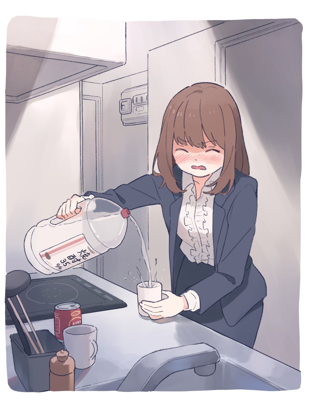 1girl air_conditioner alcohol beer_can blush brown_hair business_suit can chopsticks closed_eyes collared_shirt commentary cup eyebrows_visible_through_hair formal frilled_blouse highres jacket kitchen ladle medium_hair mug nirareba open_mouth original pouring shirt sink stove suit translated