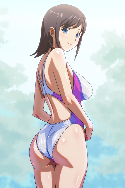 1girl ass brown_eyes commentary_request competition_swimsuit cowboy_shot from_behind highleg highleg_swimsuit looking_at_viewer looking_back medium_hair monteriakitto one-piece_swimsuit original solo standing swimsuit violet_eyes white_swimsuit