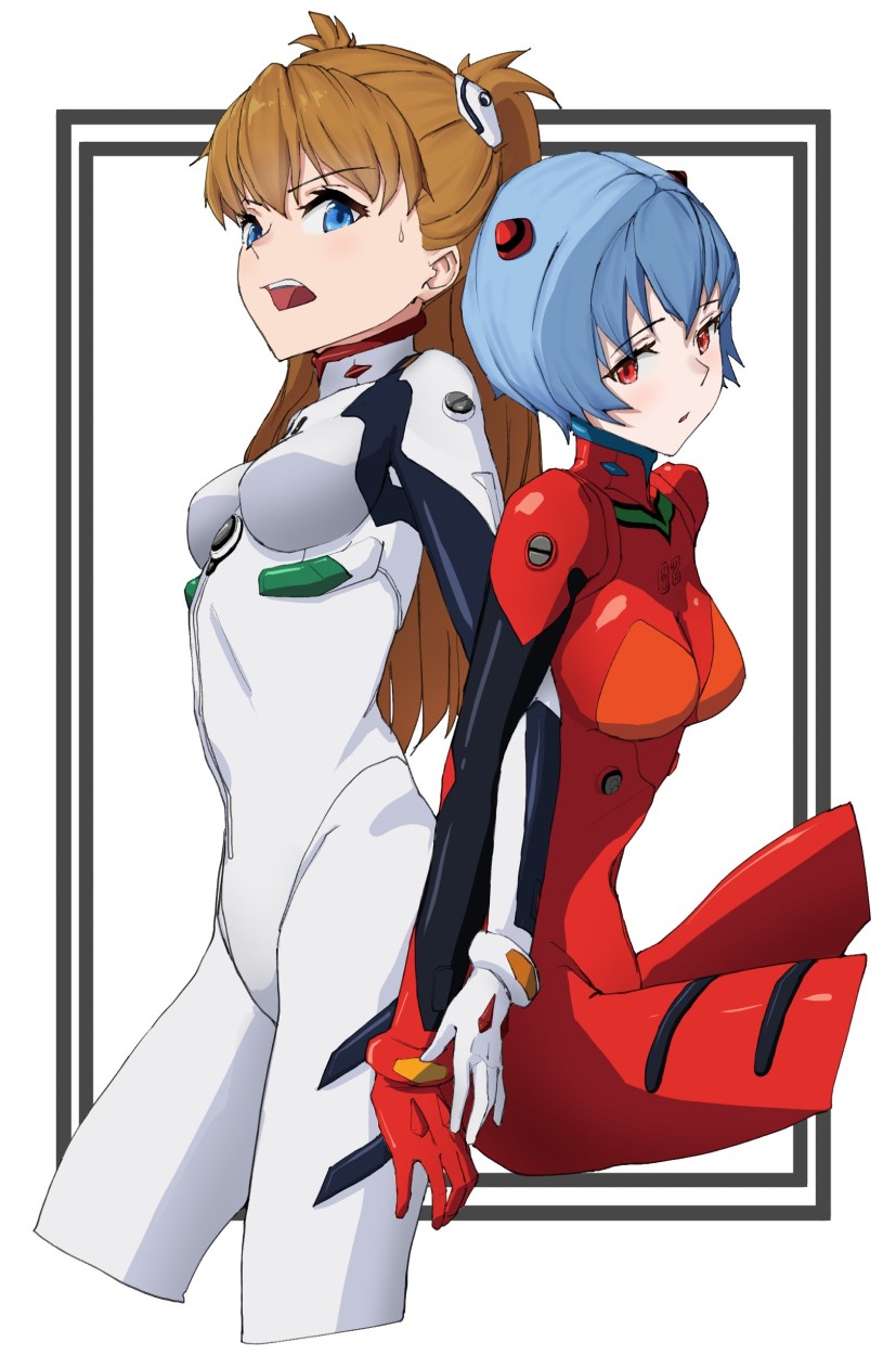 2girls ayanami_rei ayanami_rei_(cosplay) back-to-back blue_eyes blue_hair bodysuit brown_hair commissioner_upload cosplay costume_switch cropped_legs drawfag highres interface_headset looking_at_viewer multicolored multicolored_bodysuit multicolored_clothes multiple_girls neon_genesis_evangelion pilot_suit plugsuit red_bodysuit red_eyes souryuu_asuka_langley souryuu_asuka_langley_(cosplay) two_side_up white_background white_bodysuit