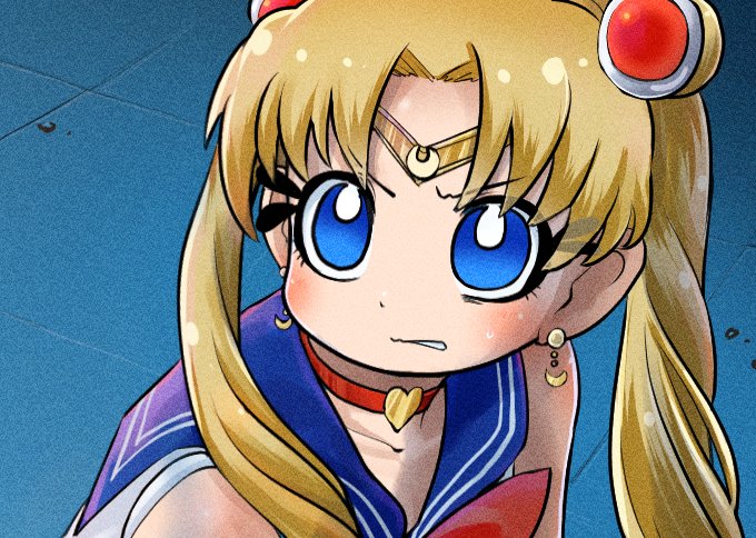 1girl bishoujo_senshi_sailor_moon blonde_hair blue_eyes blue_sailor_collar chamaji choker circlet close-up commentary_request crescent crescent_earrings derivative_work earrings eyebrows_visible_through_hair hair_ornament heart heart_choker jewelry long_hair looking_to_the_side red_choker sailor_collar sailor_moon sailor_moon_redraw_challenge sailor_senshi sailor_senshi_uniform screencap_redraw sleeveless solo sweatdrop tsukino_usagi twintails