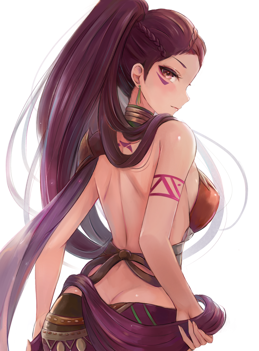 1girl back bare_back bare_shoulders blush braid breasts brown_eyes butt_crack closed_mouth cowboy_shot earrings facial_mark fire_emblem fire_emblem:_three_houses from_behind high_ponytail highres holding holding_hair jewelry leonmandala long_hair looking_at_viewer looking_back medium_breasts petra_macneary purple_hair revealing_clothes shoulder_armor sideboob smile solo tassel_earrings tattoo very_long_hair