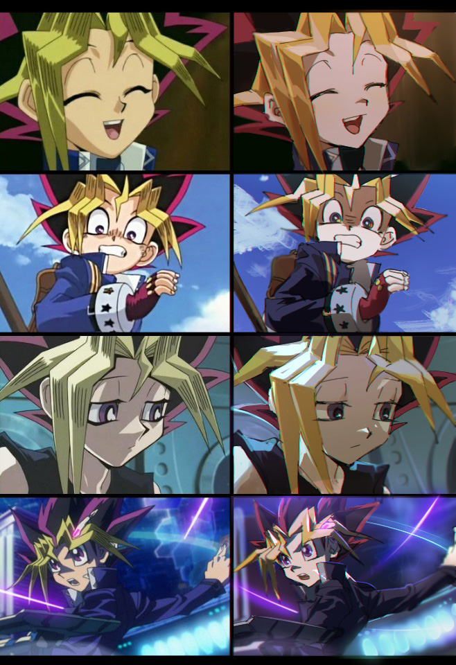 1boy backpack bag bare_shoulders black_hair blonde_hair card closed_eyes collage derivative_work duel_disk gloves holding holding_card jap_soko long_hair male_focus multicolored_hair mutou_yuugi open_mouth purple_hair reference_work sad school_uniform screencap_redraw smile spiky_hair surprised violet_eyes yuu-gi-ou yuu-gi-ou_duel_monsters yuu-gi-ou_r