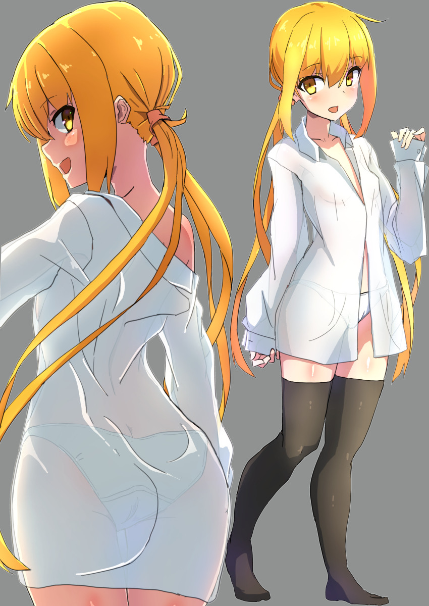 1girl alternate_costume black_legwear blonde_hair blush collarbone comala_(komma_la) eyebrows_visible_through_hair grey_background highres kantai_collection long_hair long_sleeves low_twintails multiple_views open_clothes open_mouth open_shirt panties satsuki_(kantai_collection) shirt simple_background smile thigh-highs twintails underwear white_panties white_shirt yellow_eyes