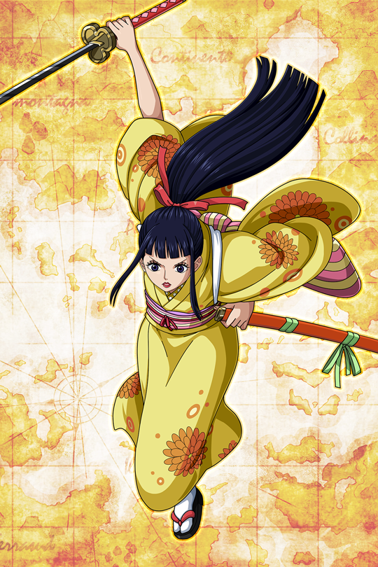 1girl bangs black_hair blue_eyes floral_print groin hair_ornament japanese_clothes katana kimono long_hair official_art okiku_(one_piece) one_piece red_ribbon ribbon sandals sash scabbard sheath socks sword transgender weapon