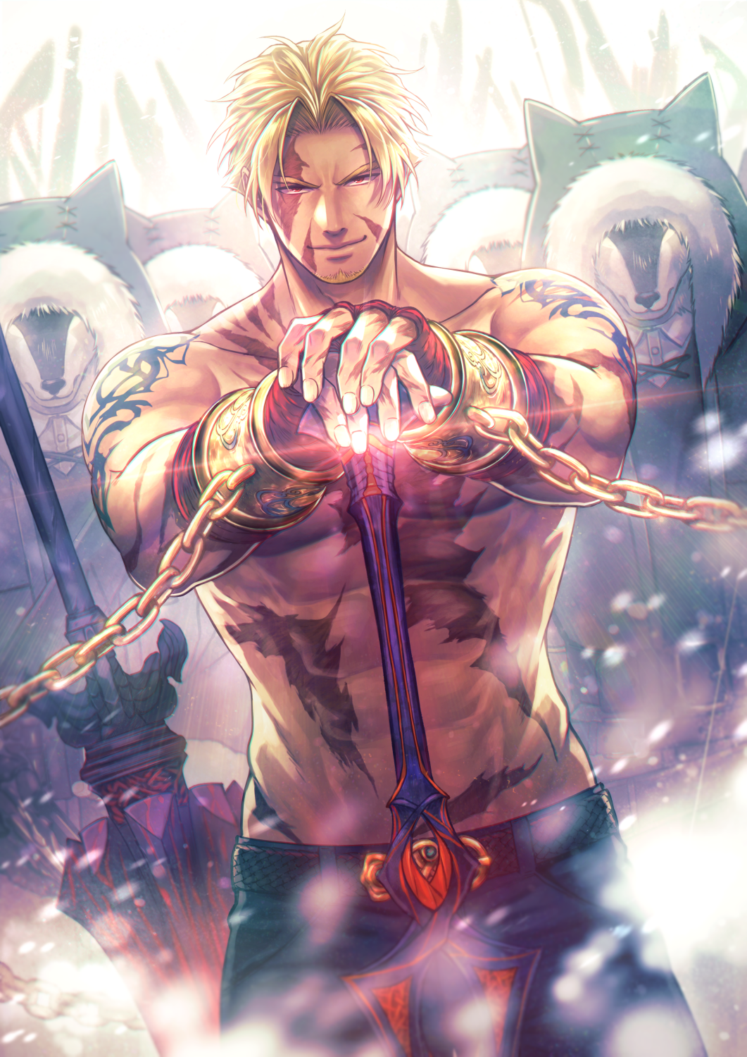 1boy abs aion_kiu bangs bara beard belt beowulf_(fate/grand_order) blonde_hair chain chest facial_hair fate/grand_order fate_(series) fingerless_gloves gloves glowing highres hood hood_up light looking_at_viewer male_focus manly muscle outdoors pants parted_bangs pectorals planted_sword planted_weapon red_eyes scar shadow shiny shiny_hair shirtless shoulder_tattoo smile snow snowing solo standing sword tattoo upper_body weapon wolf