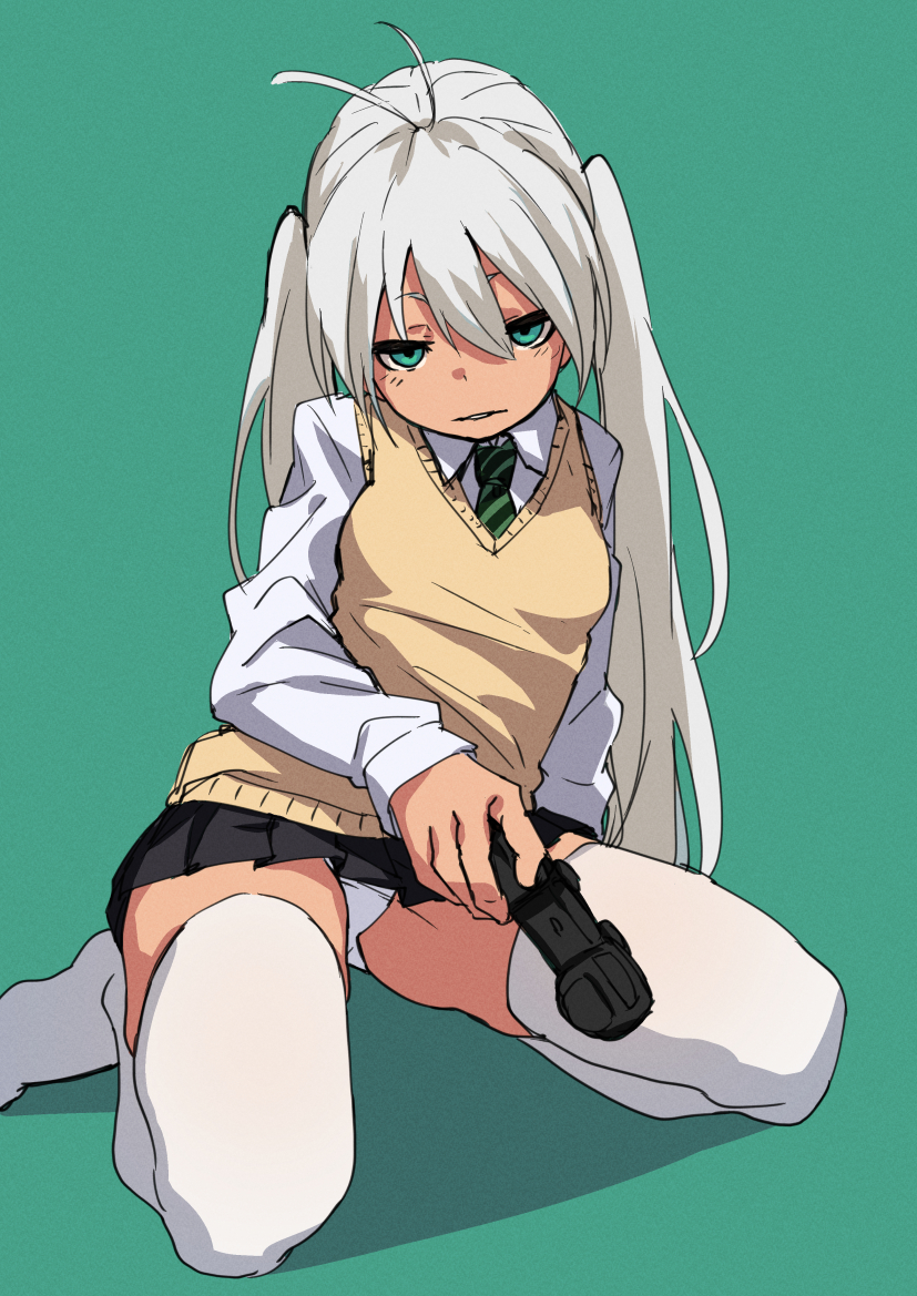 1girl antenna_hair character_request controller copyright_request fu-ta game_controller gamepad green_eyes looking_at_viewer necktie panties pantyshot school_uniform simple_background sitting solo striped striped_neckwear sweater_vest thigh-highs twintails underwear wariza white_hair white_legwear white_panties