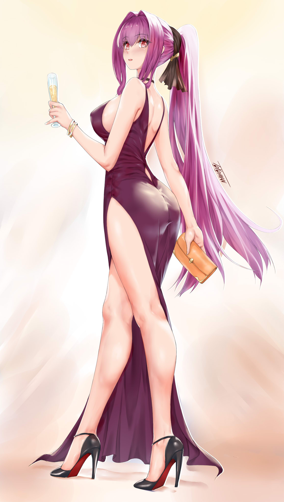 1girl alcohol alternate_costume ass bag bangle bangs bare_arms bare_legs bare_shoulders black_footwear black_ribbon bracelet breasts champagne champagne_flute commentary_request cup dress drinking_glass evening_gown eyebrows_visible_through_hair fate/grand_order fate_(series) from_side hair_intakes hair_ribbon handbag high_heels high_ponytail highres holding holding_bag holding_cup jewelry large_breasts legs long_hair looking_at_viewer looking_to_the_side nanako_(1475647493) parted_lips pelvic_curtain purple_dress red_eyes ribbon scathach_(fate)_(all) scathach_(fate/grand_order) sideboob sidelocks signature sleeveless sleeveless_dress smile solo very_long_hair