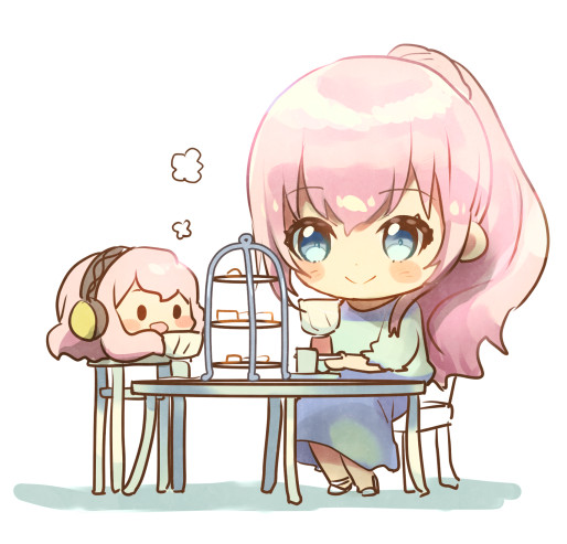 2girls blue_dress blue_eyes blush_stickers chair chibi commentary cup dress headphones holding holding_cup holding_saucer kikuchi_mataha long_hair megurine_luka multiple_girls octopus open_mouth pink_hair ponytail saucer sitting smile solid_oval_eyes symbol_commentary table takoluka tea_party teacup tiered_tray vocaloid white_background