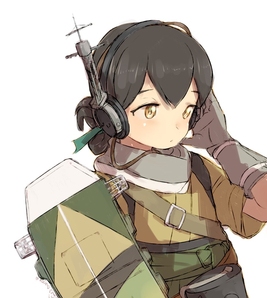 1girl alchera black_hair commentary flight_deck gloves grey_gloves headset kantai_collection kasuga_maru_(kantai_collection) light_brown_eyes short_ponytail simple_background solo taiyou_(kantai_collection) upper_body white_background