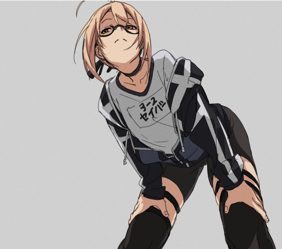 1girl ahoge artoria_pendragon_(all) bike_shorts black_ribbon blonde_hair choker fate/grand_order fate_(series) from_below frown fu-ta glasses grey_background hands_on_own_thighs leaning_forward looking_at_viewer mysterious_heroine_x_(alter) off_shoulder ribbon short_hair skindentation solo thigh-highs thighs yellow_eyes