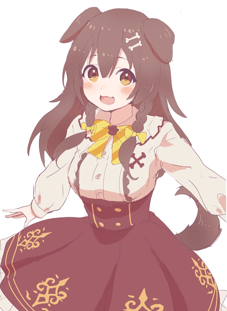 1girl :d animal_ears bangs blush_stickers bone_hair_ornament bow breasts brown_eyes brown_hair brown_skirt cartoon_bone collared_shirt diagonal_stripes dog_ears dog_girl dog_tail eyebrows_visible_through_hair frilled_skirt frills hair_between_eyes high-waist_skirt hololive inugami_korone long_hair long_sleeves medium_breasts open_mouth puffy_long_sleeves puffy_sleeves shirt simple_background skirt smile solo striped striped_bow tadanoshi_kabane tail virtual_youtuber white_background white_shirt