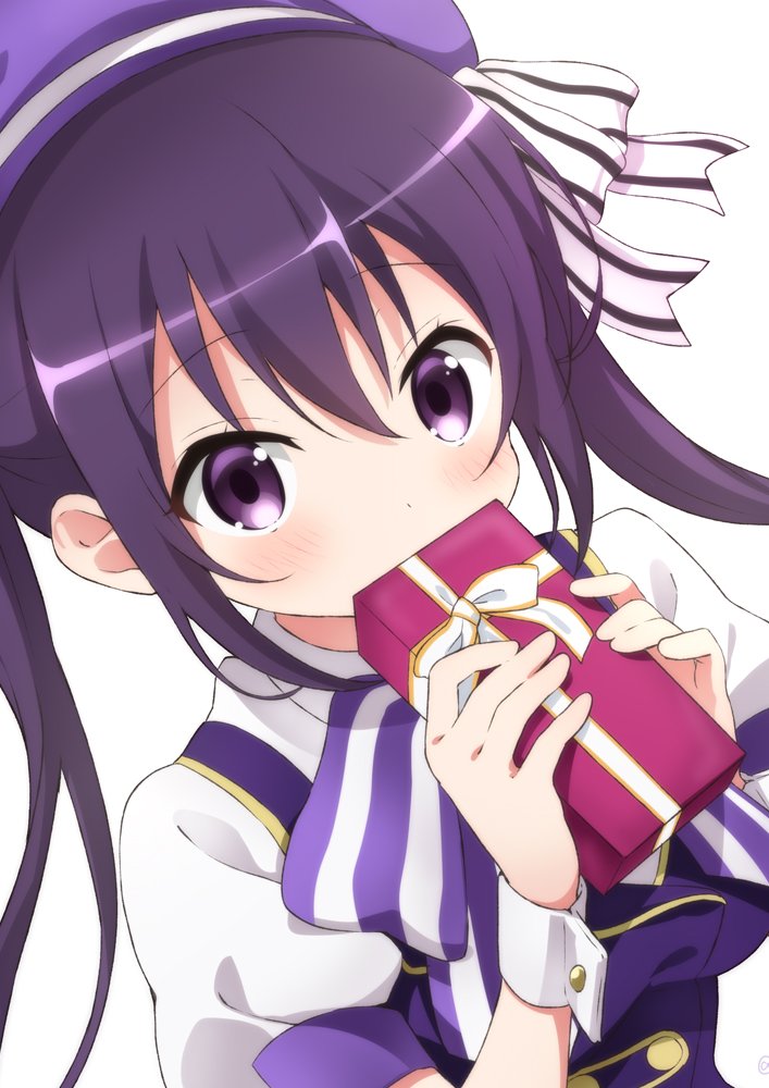 1girl bangs beret blush bow box breasts collared_shirt commentary covered_mouth dutch_angle eyebrows_visible_through_hair gift gift_box gochuumon_wa_usagi_desu_ka? hair_between_eyes hair_bow hat holding holding_gift long_hair looking_at_viewer medium_breasts neki_(wakiko) puffy_short_sleeves puffy_sleeves purple_hair purple_headwear purple_vest shirt short_sleeves sidelocks simple_background solo striped striped_bow symbol_commentary tedeza_rize twintails upper_body vest violet_eyes white_background white_bow white_shirt wrist_cuffs