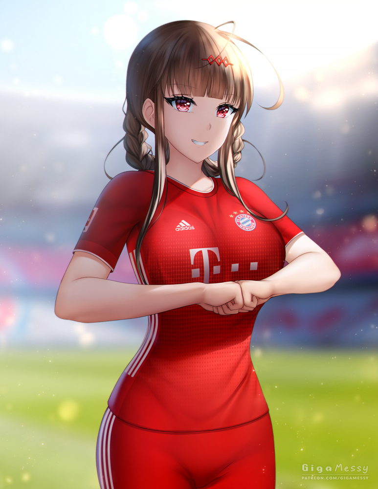 1girl ahoge alternate_costume bangs blunt_bangs breasts brown_hair commentary dsr-50_(girls_frontline) english_commentary eyebrows_visible_through_hair fc_bayern_munchen gigamessy girls_frontline hair_ornament large_breasts long_hair red_eyes sidelocks smile soccer_uniform solo sportswear very_long_hair