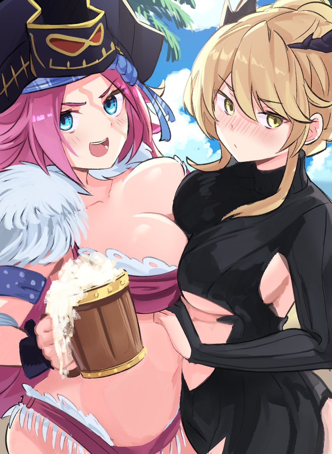 2girls alcohol artoria_pendragon_(all) artoria_pendragon_(lancer_alter) beach beer black_bodysuit black_horns blonde_hair blue_eyes blue_sky blush bodysuit breast_grab breasts facial_scar fate/grand_order fate_(series) francis_drake_(fate) grabbing hat highres horns large_breasts lewdisushi multiple_girls palm_tree pink_hair pirate pirate_hat platinum_blonde_hair ribbed_bodysuit scar sidelocks sky tree under_boob yellow_eyes