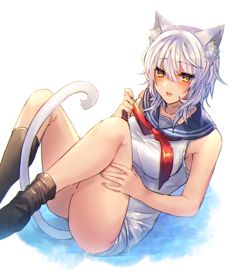 1girl animal_ear_fluff animal_ears ass bangs bare_arms bare_shoulders black_legwear blue_sailor_collar blush breasts cat_ears cat_girl cat_tail commentary_request eyebrows_visible_through_hair feet_out_of_frame hair_between_eyes knees_up medium_breasts one-piece_swimsuit original parted_lips red_neckwear sailor_collar shikino_yuki silver_hair socks solo swimsuit tail water white_background white_swimsuit yellow_eyes