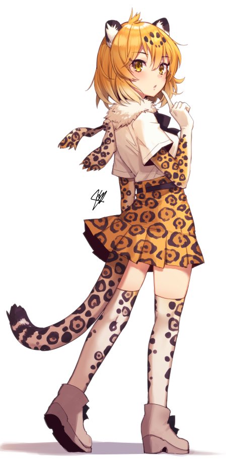 1girl animal_ears black_bow black_neckwear blonde_hair boots bow bowtie commentary_request elbow_gloves eyebrows_visible_through_hair finger_to_mouth full_body fur_collar gloves hatagaya high-waist_skirt jaguar_(kemono_friends) jaguar_ears jaguar_girl jaguar_print jaguar_tail kemono_friends pleated_skirt print_gloves print_legwear print_scarf print_skirt scarf shirt shoe_bow shoes short_hair short_sleeves skirt solo t-shirt tail thigh-highs white_background white_footwear yellow_eyes zettai_ryouiki