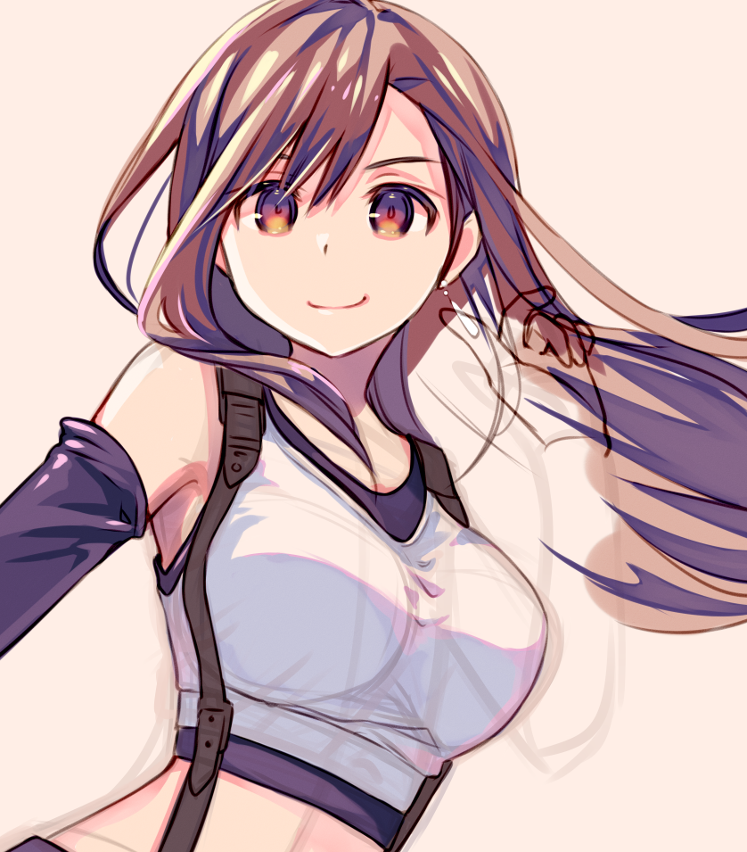 1girl bangs breasts brown_eyes brown_hair closed_mouth crop_top detached_sleeves final_fantasy final_fantasy_vii grey_background jewelry kuga_tsukasa large_breasts long_hair looking_at_viewer simple_background single_earring smile solo suspenders tifa_lockhart unfinished upper_body