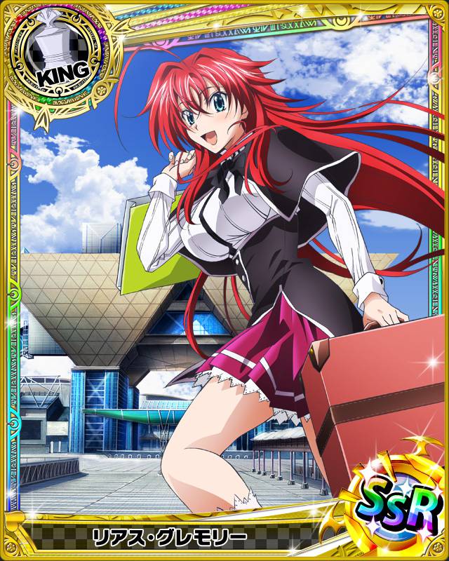 1girl ahoge bag blue_eyes breasts building card_(medium) chess_piece clouds day eyebrows_visible_through_hair formal hair_between_eyes high_school_dxd holding huge_ahoge king_(chess) large_breasts long_hair looking_at_viewer looking_back official_art open_mouth outdoors redhead rias_gremory shopping_bag skirt sky smile solo suit very_long_hair